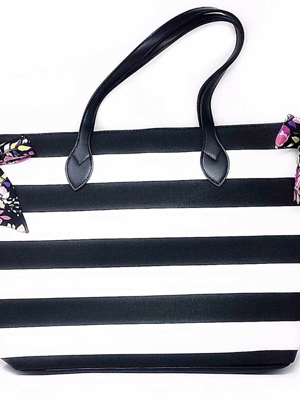 Black Tote Bag with Floral Scarf Accent - Women